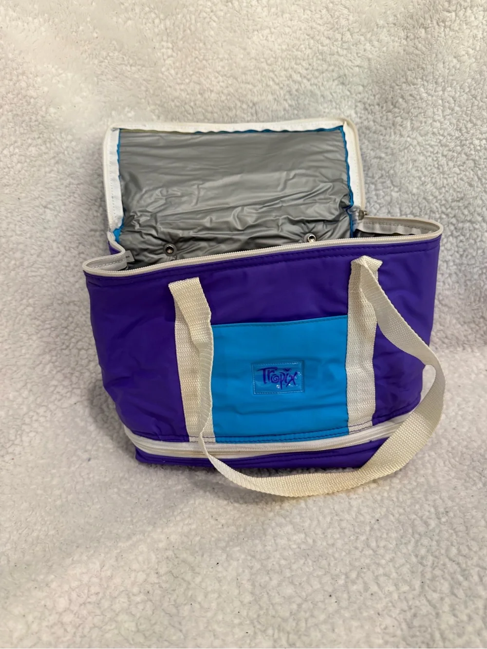Collapsible Blue & Purple Cooler/Lunch Bag with Cream Handles
